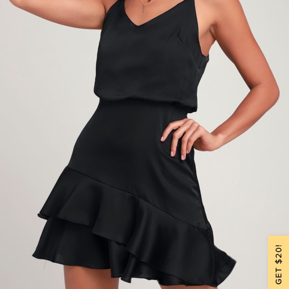 Black satin ruffle dress